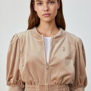 NWT Juicy Couture Puff Sleeve Velour Jacket Beachwood Tan Size XL Y2K